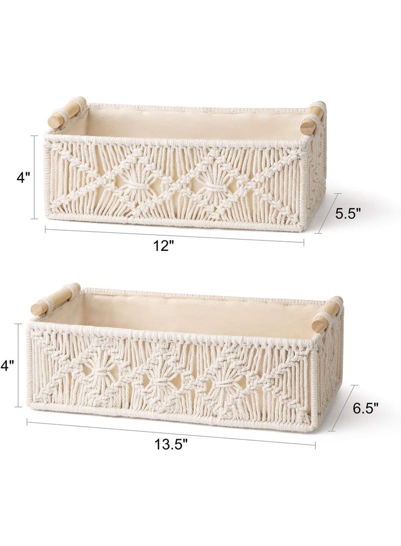 2 Pcs Boho Handwoven Macrame Storage Baskets, Ivory Cotton Organizer Bins with Lining & Handles, Decorative Woven Baskets for Bathroom Bedroom Living Room - Image 4