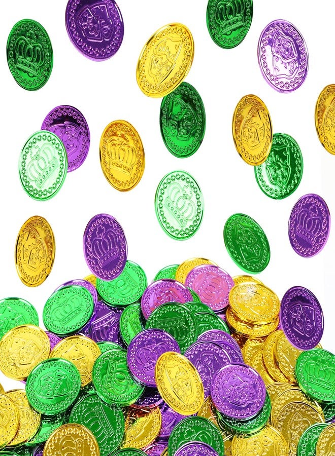 FOIMAS 150pcs Mardi Gras Coins,Bulk Gold Green Purple Plastic Coins for Mardi Gras Throws Parade Table Decoration - Image 1