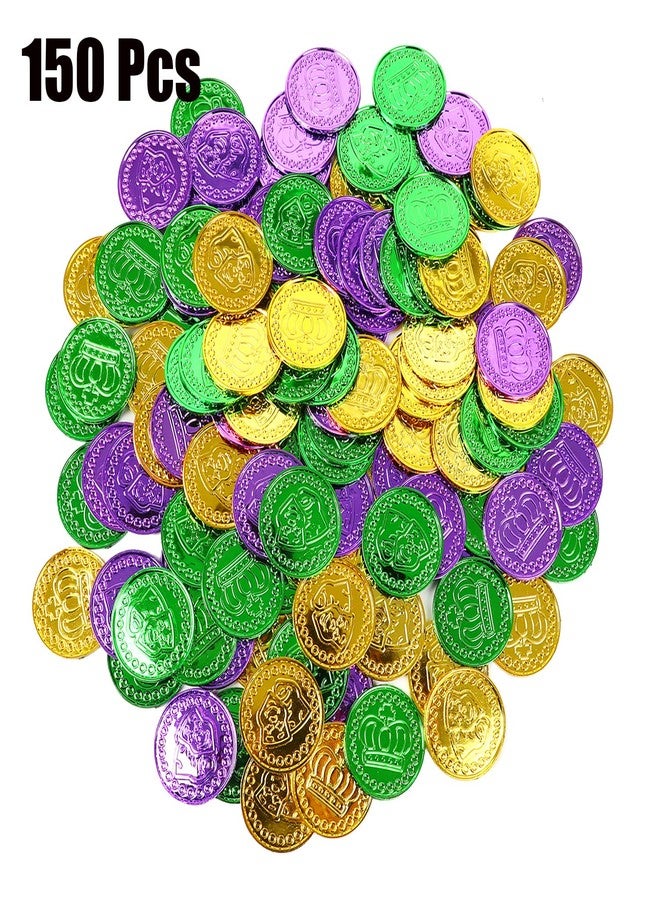 FOIMAS 150pcs Mardi Gras Coins,Bulk Gold Green Purple Plastic Coins for Mardi Gras Throws Parade Table Decoration - Image 2