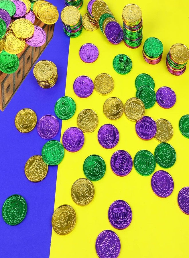 FOIMAS 150pcs Mardi Gras Coins,Bulk Gold Green Purple Plastic Coins for Mardi Gras Throws Parade Table Decoration - Image 4