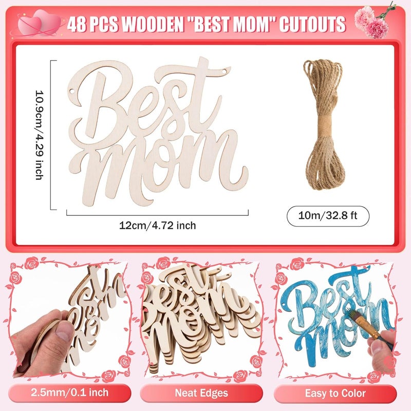 AWIZOM 48 Pcs Best MOM Unfinished Wood Crafts Wooden Mothers Day Crafts Wood Best MOM Cutouts Wood Letters Ornaments with Twine for DIY Mothers Day Present Tags Moms Birthday Party Decor472x429 - Image 2
