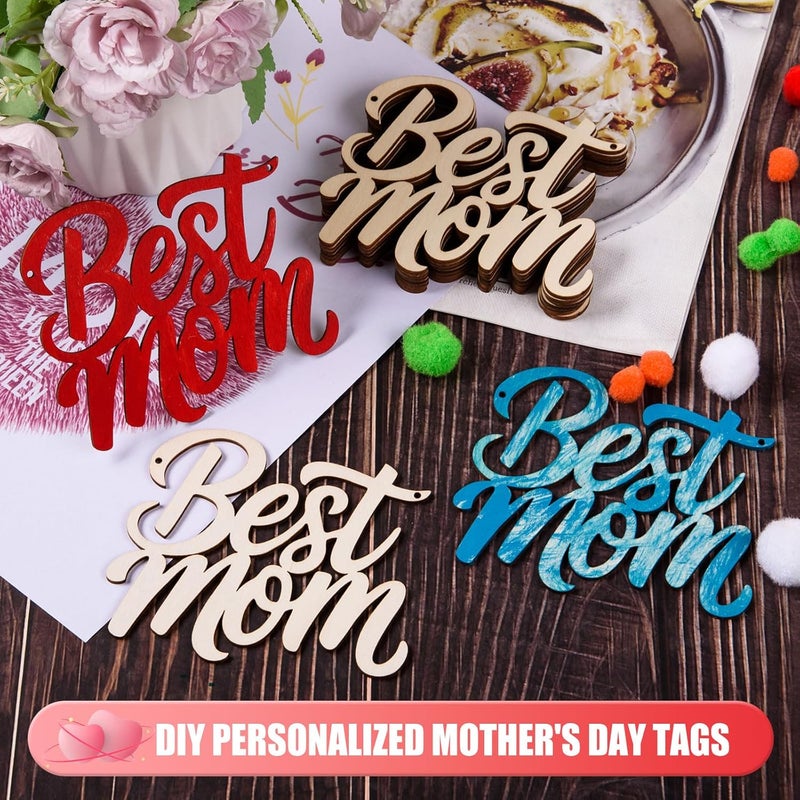 AWIZOM 48 Pcs Best MOM Unfinished Wood Crafts Wooden Mothers Day Crafts Wood Best MOM Cutouts Wood Letters Ornaments with Twine for DIY Mothers Day Present Tags Moms Birthday Party Decor472x429 - Image 3