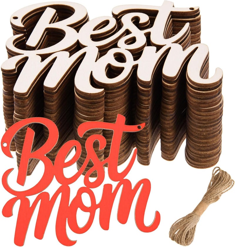 AWIZOM 48 Pcs Best MOM Unfinished Wood Crafts Wooden Mothers Day Crafts Wood Best MOM Cutouts Wood Letters Ornaments with Twine for DIY Mothers Day Present Tags Moms Birthday Party Decor472x429 - Image 1