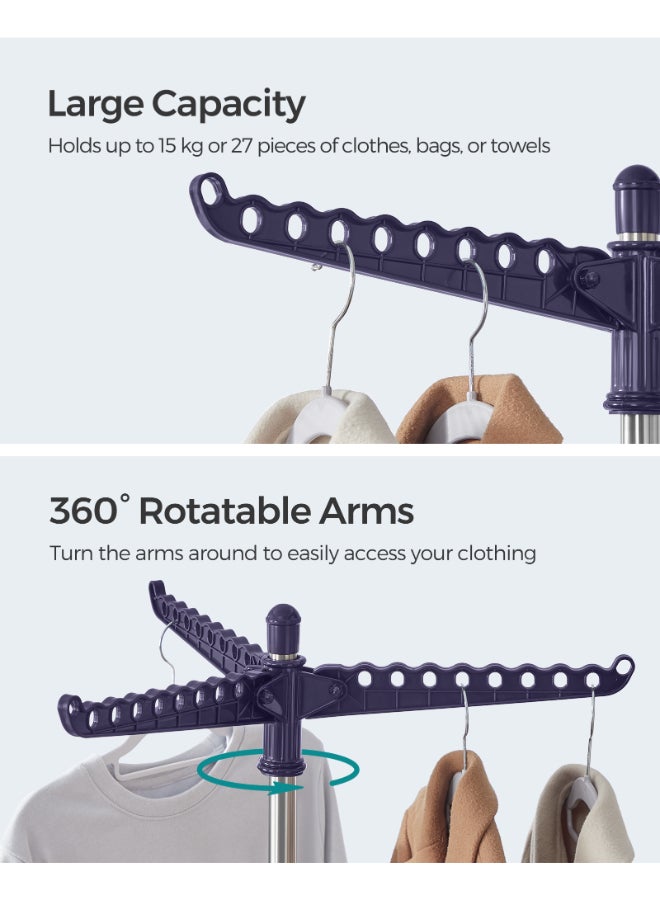 SONGMICS حامل الملابس من سونغميكس، رف تجفيف الملابس مع 3 أذرع دوارة لتعليق الملابس، رف غسيل داخلي قابل للطي بأربعة أرجل، مصنوع من الفولاذ المقاوم للصدأ، يتسع لـ 27 قطعة من الملابس، بارتفاع 151.5 سم، أزرق وفضي - Image 4