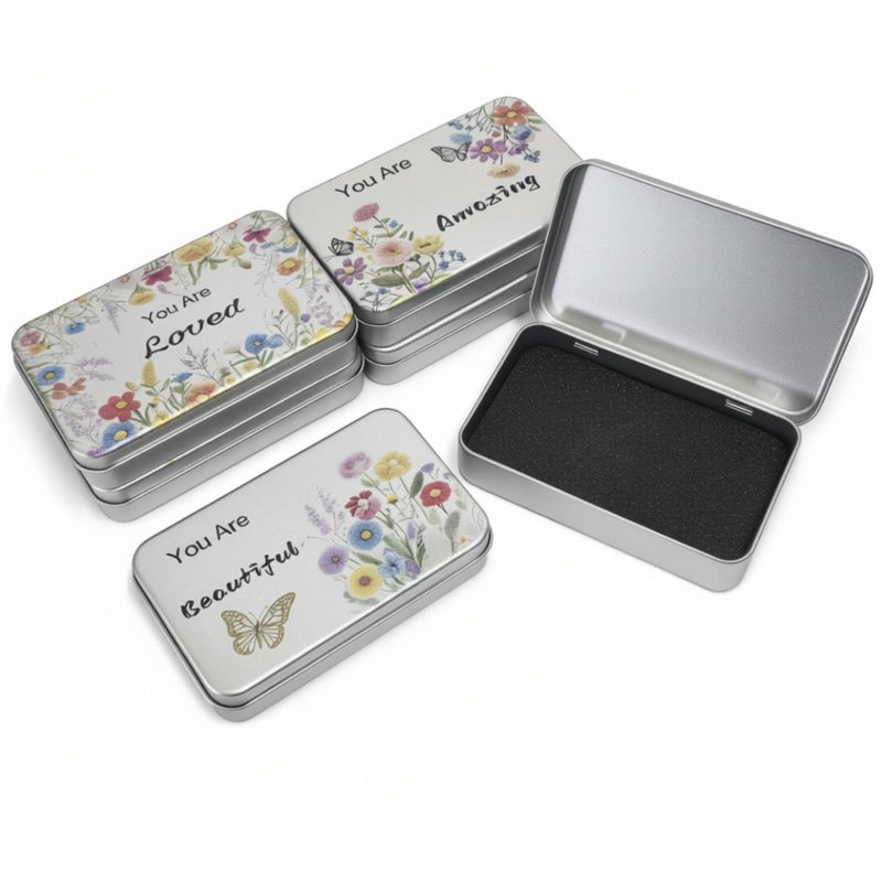 Goodma 6 Pack Rectangular Metal Tins Storage Organizer Gift Boxes with Inspirational Quotes & Flowers Image Pattern on the Lid, 5.9 x 3.5 x 1.2 inch (Silver) - Image 1