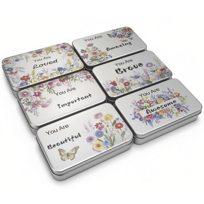 Goodma 6 Pack Rectangular Metal Tins Storage Organizer Gift Boxes with Inspirational Quotes & Flowers Image Pattern on the Lid, 5.9 x 3.5 x 1.2 inch (Silver) - Image 5