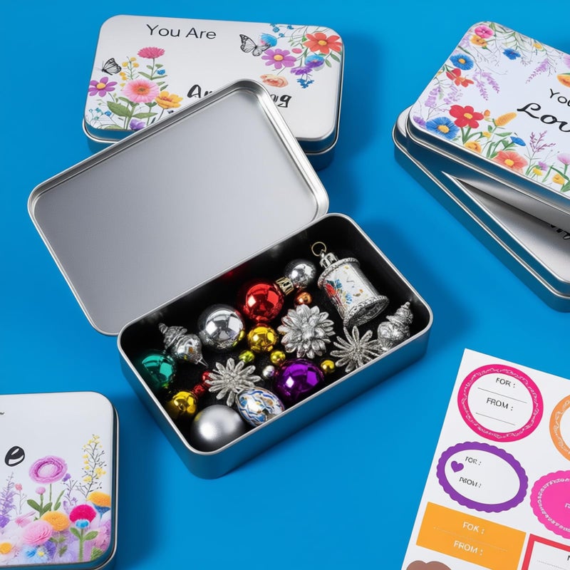 Goodma 6 Pack Rectangular Metal Tins Storage Organizer Gift Boxes with Inspirational Quotes & Flowers Image Pattern on the Lid, 5.9 x 3.5 x 1.2 inch (Silver) - Image 3