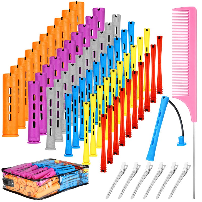 ProSuites 68 Pcs Hair Perm Rods Set - 6 Sizes Plastic Cold Wave Rods with Rat Tail Combs Hair Styling Clips, Perming Rods for Long Short Natural Hair Hairdressing Tools - Image 1