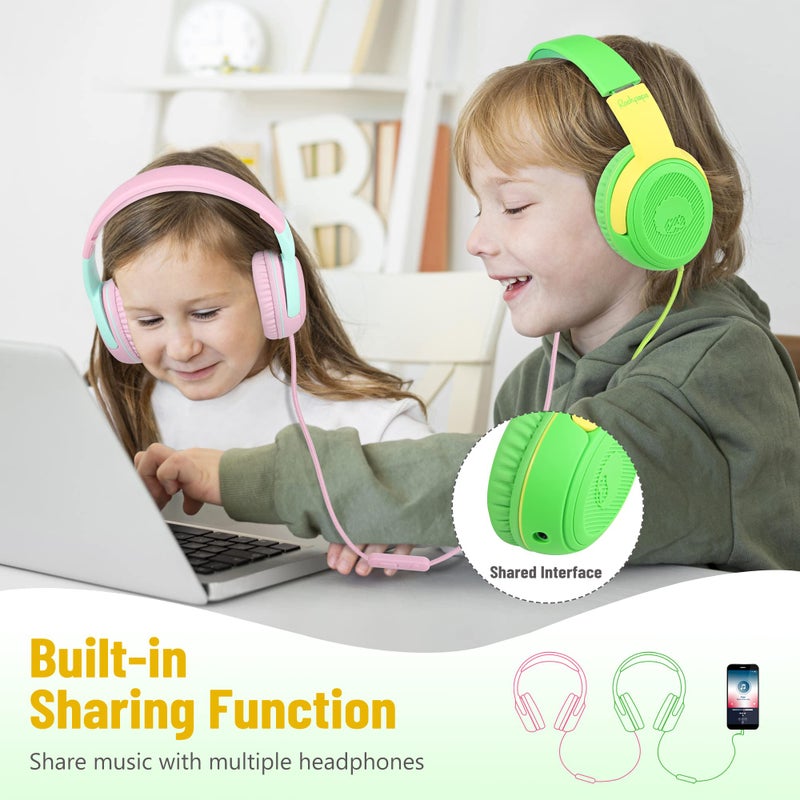 rockpapa Share 1 Kids Headphones Wired with Microphone & Share Port, 85dB/94dB Volume Limited, Cute Foldable Student Child Boys Girls Headphones for School/Classroom/Travel Green/Yellow - Image 3