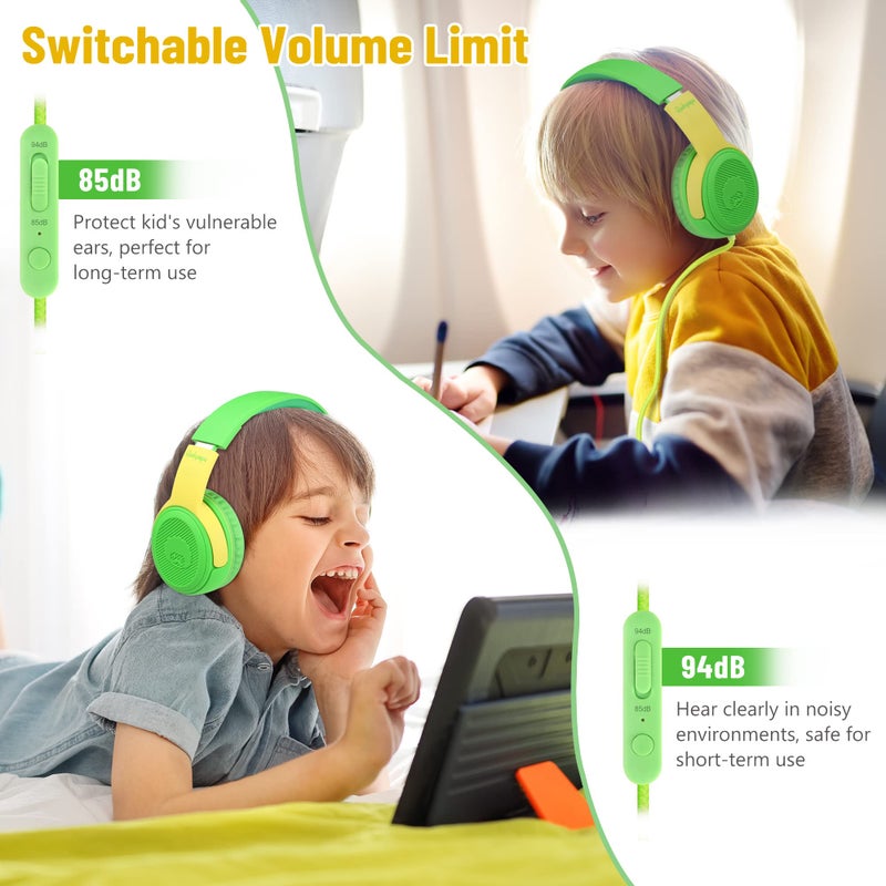 rockpapa Share 1 Kids Headphones Wired with Microphone & Share Port, 85dB/94dB Volume Limited, Cute Foldable Student Child Boys Girls Headphones for School/Classroom/Travel Green/Yellow - Image 5
