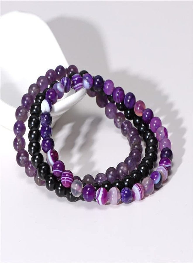 Pingyongchang 3Pcs 8mm Semi-Precious Gemstones Beaded Bracelets for Women Men Healing Crystal Stone Bracelet Stress Relief Stretch Round Beaded Elastic Luck Bracelets Unisex Friendship Jewelry Gifts-purple - Image 2