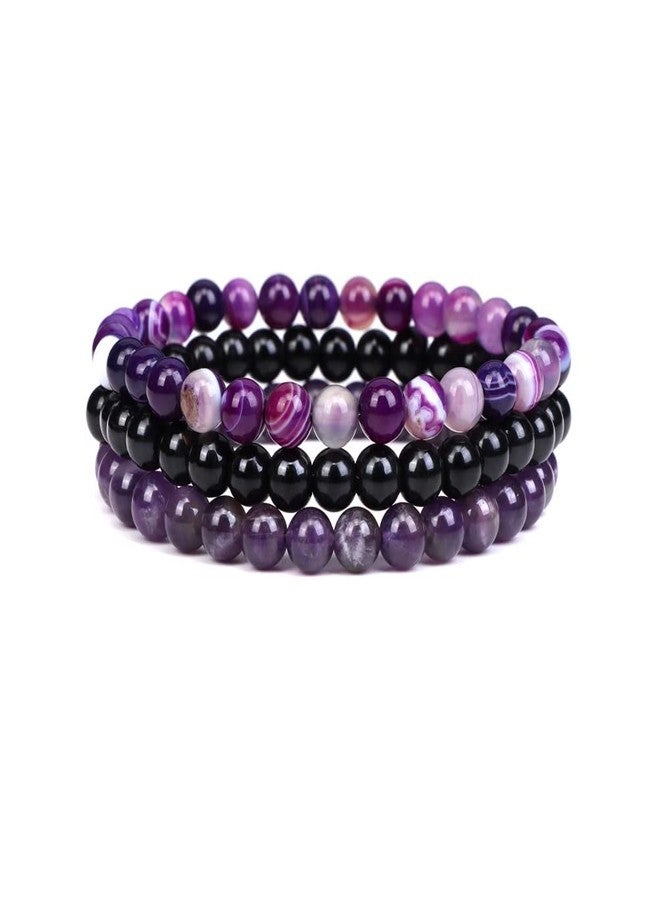 Pingyongchang 3Pcs 8mm Semi-Precious Gemstones Beaded Bracelets for Women Men Healing Crystal Stone Bracelet Stress Relief Stretch Round Beaded Elastic Luck Bracelets Unisex Friendship Jewelry Gifts-purple - Image 1