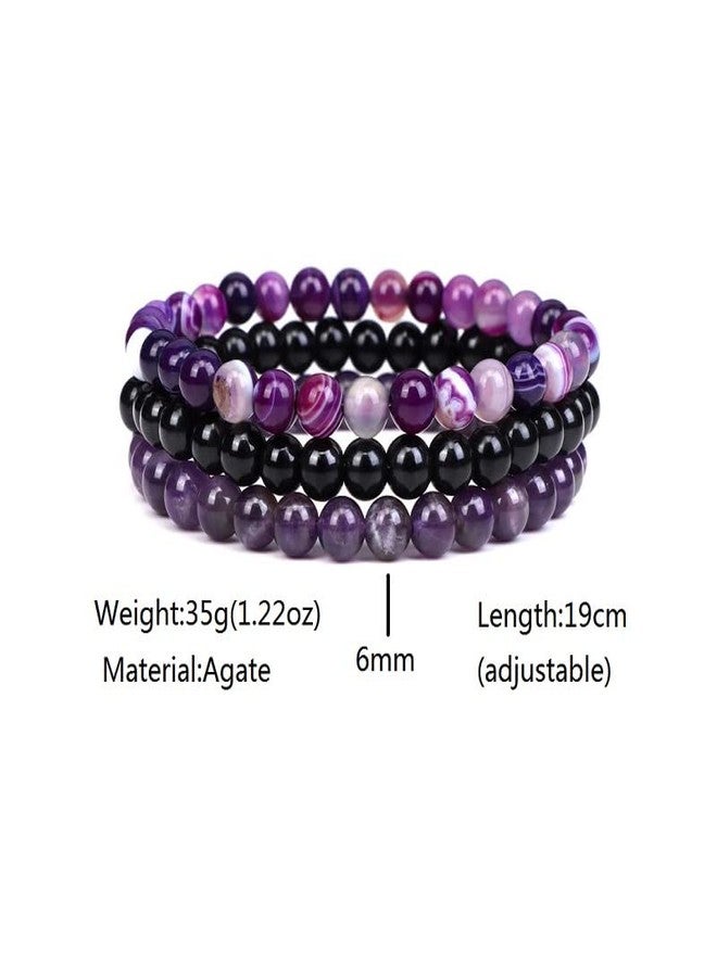 Pingyongchang 3Pcs 8mm Semi-Precious Gemstones Beaded Bracelets for Women Men Healing Crystal Stone Bracelet Stress Relief Stretch Round Beaded Elastic Luck Bracelets Unisex Friendship Jewelry Gifts-purple - Image 3