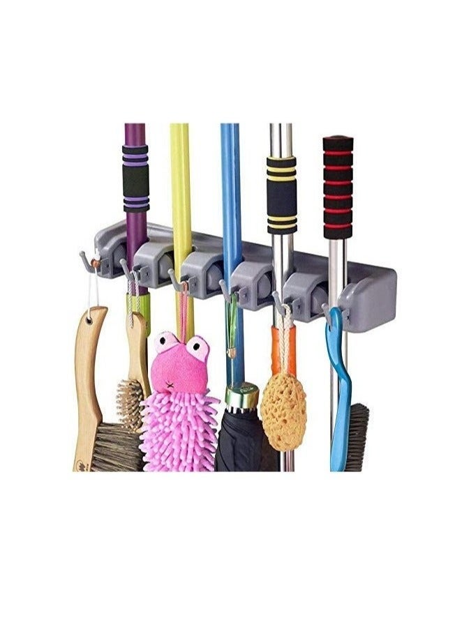 إلترازون "حامل حائط سحري بلاستيكي متعدد الاستخدامات - منظم للمكانس والمماسح بخمس فتحات مع ستة خطافات لتخزين المطبخ والحديقة"