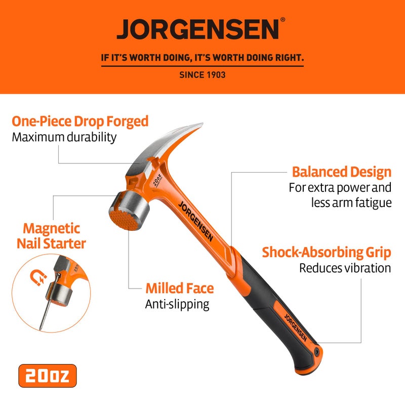 Jorgensen 20 oz Straight Claw Hammer with Magnetic Nail Holder, Rip Claw Hammer with Milled Face, Side Nail Puller, Shock Absorbing Grip, Heavy Duty One-piece Forged Hammer - Image 3