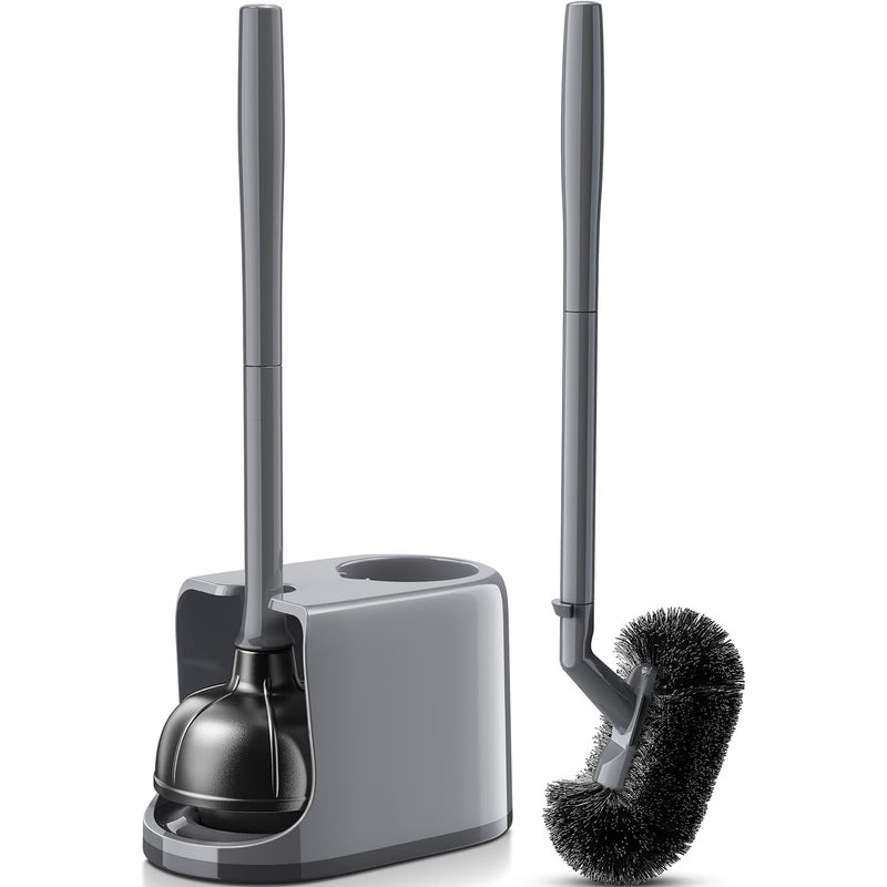 HAMITOR Toilet Plunger and Brush Set for Bathroom Cleaning with Extented Handle Heavy Duty Toilet Plunger Combo Accessories with Caddy Stand Holder for Small Space Gray