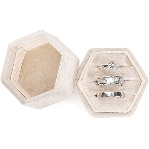 WantGor Velvet Jewelry Ring Box 3 Slots Hexagon Ring Gift Box Vintage Ring Display Holder Case for Wedding Ceremony Proposal Engagement Beige 3 Slots - Image 1