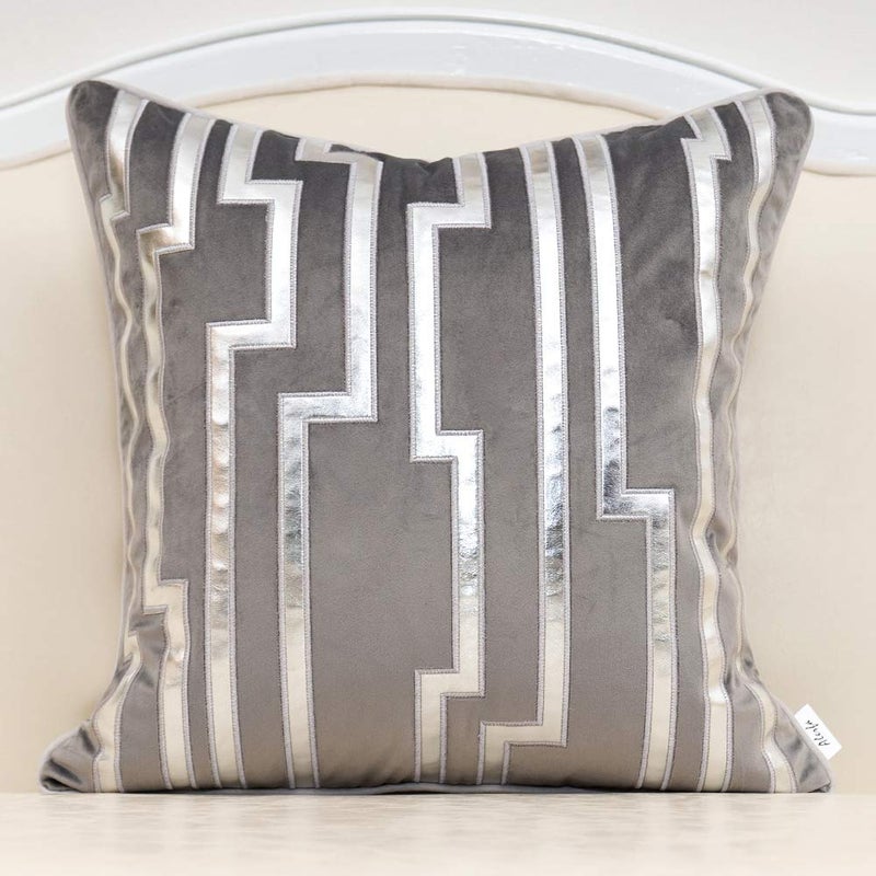 Alerfa Gold Leather Striped Gray Throw Pillow Cover 18x18 Inch Geometric Luxury Decorative Embroidered Velvet Pillow Cover for Couch Living Room Bedroom