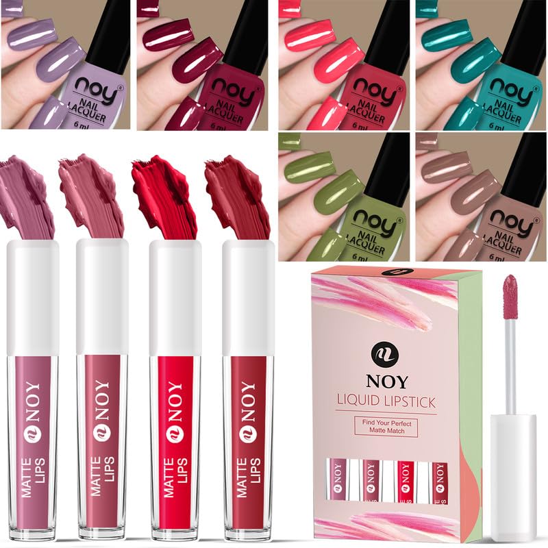Noy Nail Polish And Lipstick Combo With Glossy Finish Flawless Finish Nail Paint Liquid Lipstick Set For Radiant Glam Red Hot Love Matte Lipstick Nail Polish Valentine Day Duo - Image 1