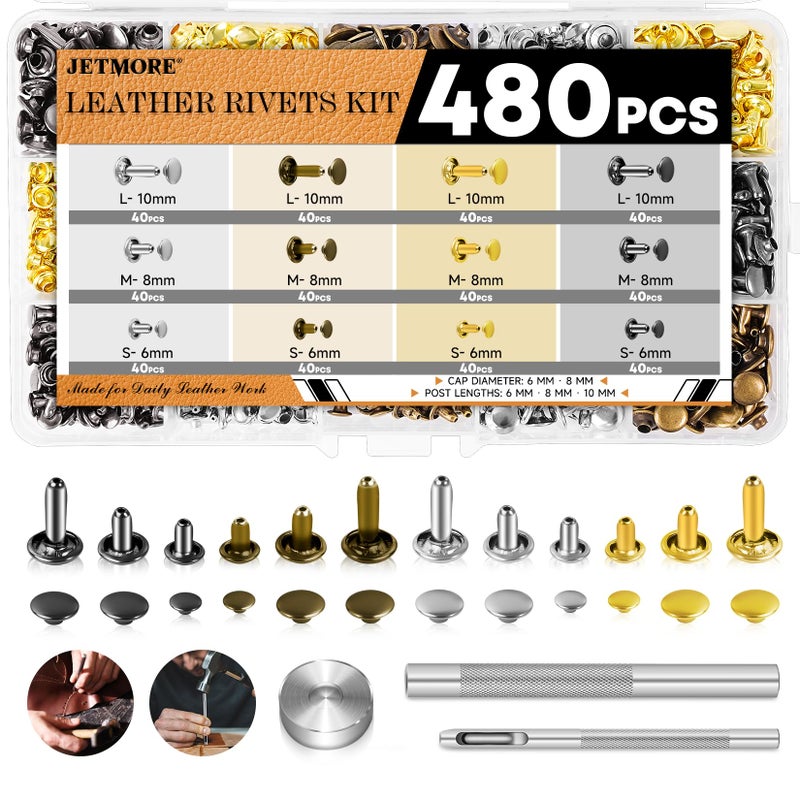 Jetmore 480 Pack Leather Rivets, Brass Rivets for Fabric, Leather Rivet Kit, Double Cap Rivet for DIY Leather Craft, Hats, Purse, Shoes, Bag, Remaches para Cuero - Image 1