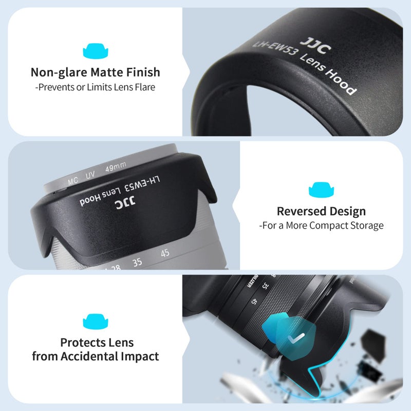 JJC Camera Lens Hood Shade for Canon EF-M 15-45mm f/3.5-6.3 is STM & RF-S 18-45mm f/4.5-6.3 is STM Lens on Canon EOS R100 R50 M50 M50 Mark II M5 M6 M6 Mark II M200 M100 Replaces Canon EW-53 Hood - Image 3