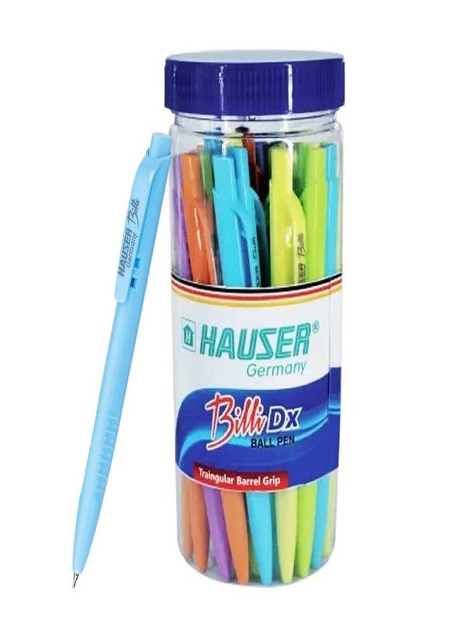 Hauser Billi Dx Ball Pen | Light Weight | Smooth Writing | Usable for Office, School, College | Multicolor Body | Pens for Students and Professionals | Blue Ink | 25 Pcs Jar X 2 Sets - Image 1