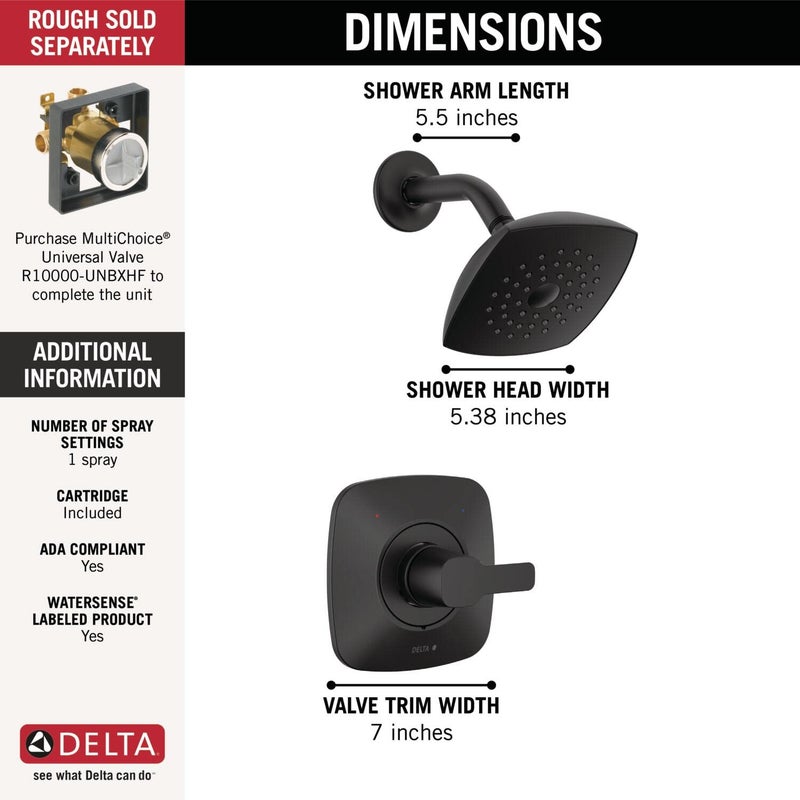 Delta Modern 14 Series Shower Faucet Set, Matte Black Shower Head and Handle Set, Valve Trim Kit, Matte Black T142339-BL-PP (Valve Not Included) - Image 3