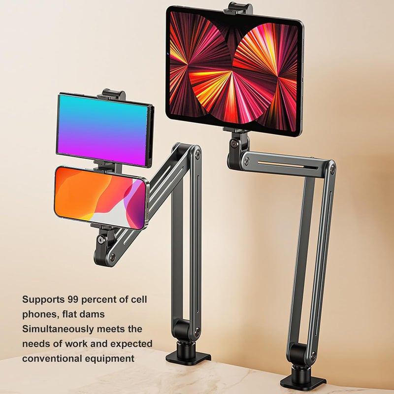 Professional Tablet Stand Holder, Foldable Tablet Arm Mount Holder, 360 Degree Rotation Adjustable Aluminum Alloy Stand for Desk, Stable Clamp Base for Tablets Phones 4.7-12.9 in - Image 2