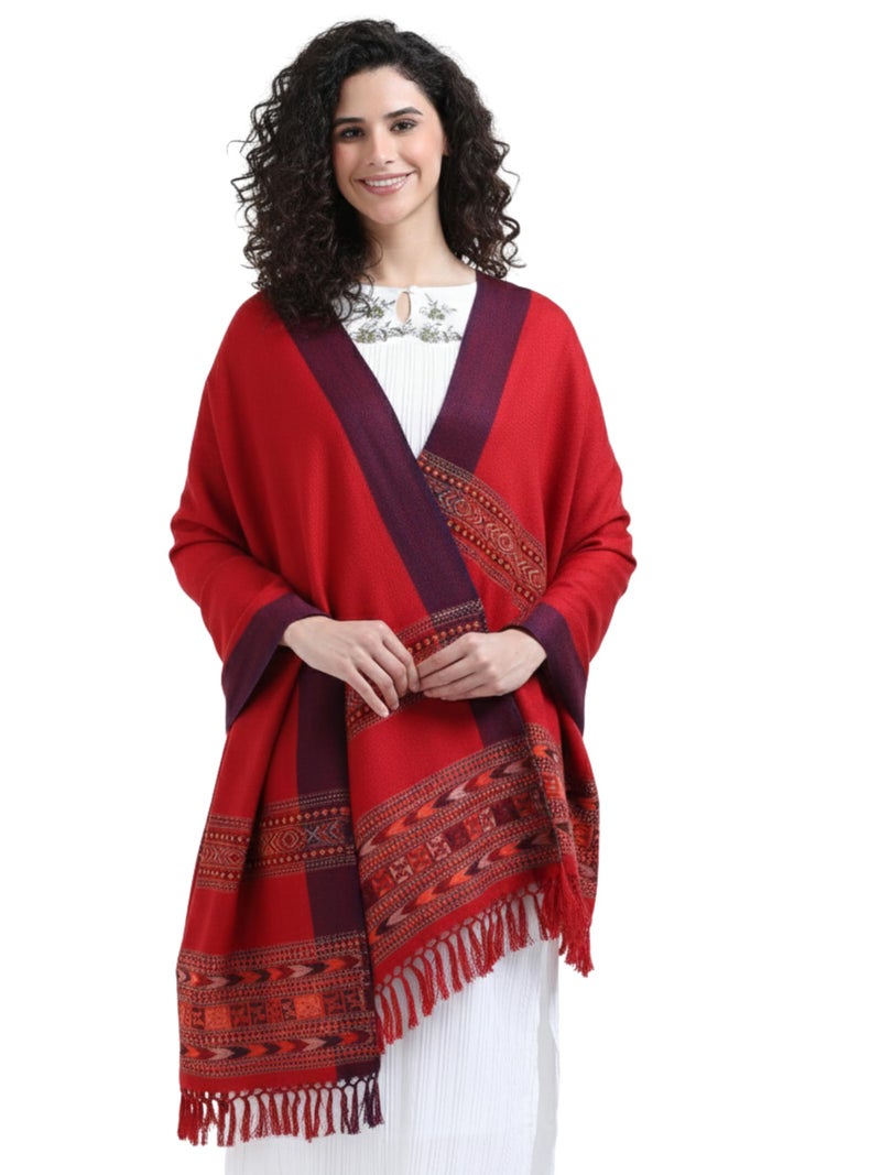 Arvore Bunkaar Handwoven Woolen Shawl for Women with Kullu Border (Coral Red, Medium) - Image 2