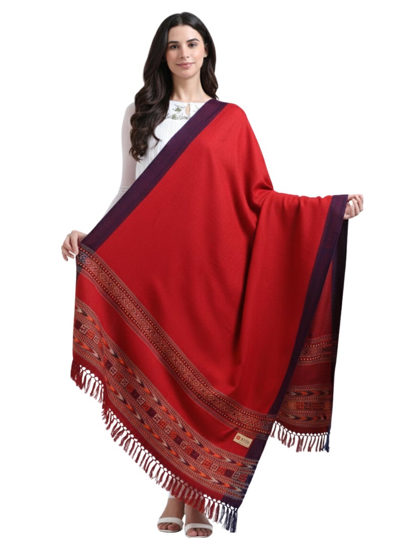Arvore Bunkaar Handwoven Woolen Shawl for Women with Kullu Border (Coral Red, Medium) - Image 1