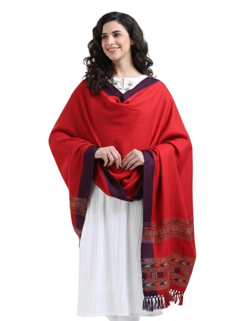 Arvore Bunkaar Handwoven Woolen Shawl for Women with Kullu Border (Coral Red, Medium) - Image 3