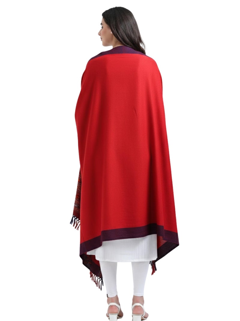 Arvore Bunkaar Handwoven Woolen Shawl for Women with Kullu Border (Coral Red, Medium) - Image 4