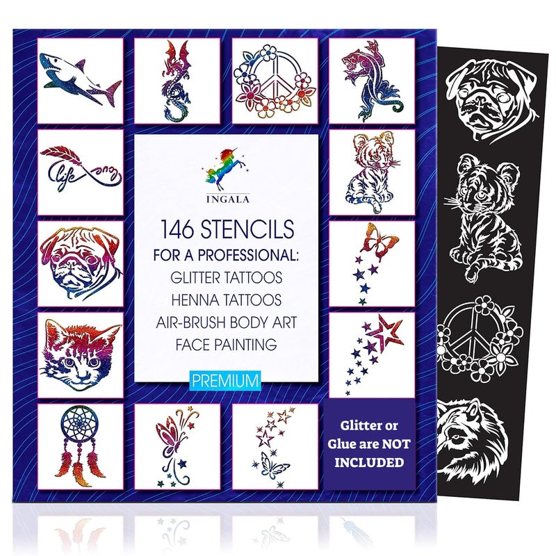 INGALA Premium Stencils Set - 146 Unique Artistic Glitter Tattoo Stencils for Kids, Teens and Adults. Suitable as Henna Tattoo stencils, Airbrush Stencils, Face Painting stencils