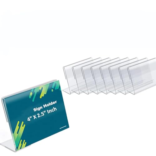 Shuban Acrylic Sign Holder L-Shape Acrylic Table Display Label Price Tag Name Card Holder Stands For School Office Counter Restaurants Supermarket (4 Inch W X 2.5 Inch H - 10Pcs) - Image 1