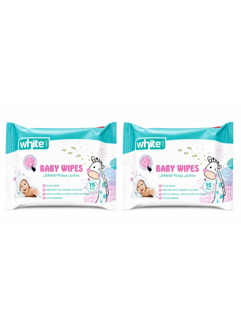 White Baby Wipes, 15 wipes x 2 packs, 30 wipes total - Image 1
