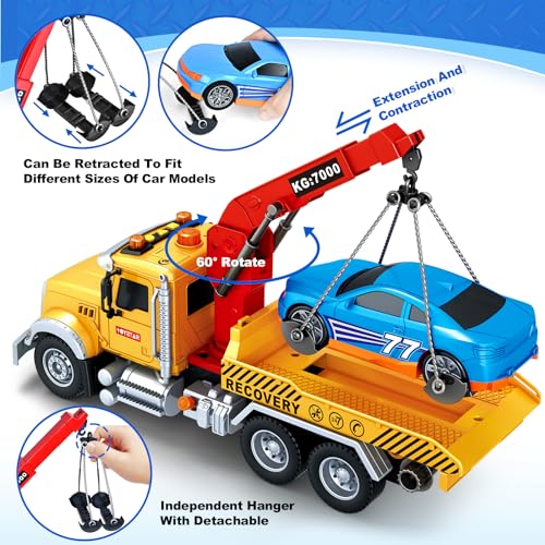 spring flower SpringFlower 15" Large Tow Truck Toy, Toy for 3 4 5 6 Years Old Boy Toddlers, Truck Vehicle Toy with Racing Car, Traffic Signs, Working Hook, Light Sound, Birthday Gifts for Boys & Girls - Image 4