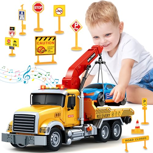 spring flower SpringFlower 15" Large Tow Truck Toy, Toy for 3 4 5 6 Years Old Boy Toddlers, Truck Vehicle Toy with Racing Car, Traffic Signs, Working Hook, Light Sound, Birthday Gifts for Boys & Girls - Image 1
