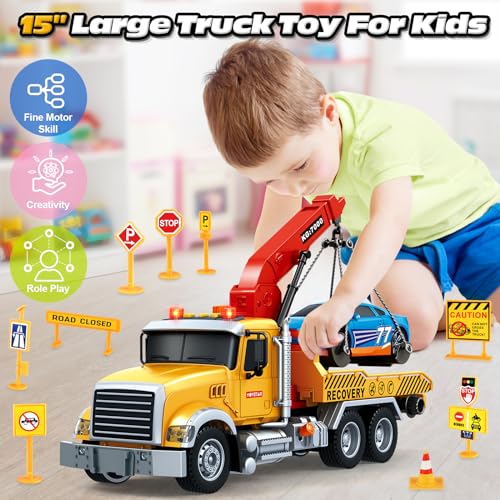 spring flower SpringFlower 15" Large Tow Truck Toy, Toy for 3 4 5 6 Years Old Boy Toddlers, Truck Vehicle Toy with Racing Car, Traffic Signs, Working Hook, Light Sound, Birthday Gifts for Boys & Girls - Image 5