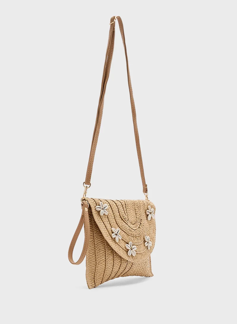 Ginger Shell Detail Raffia Clutch Bag