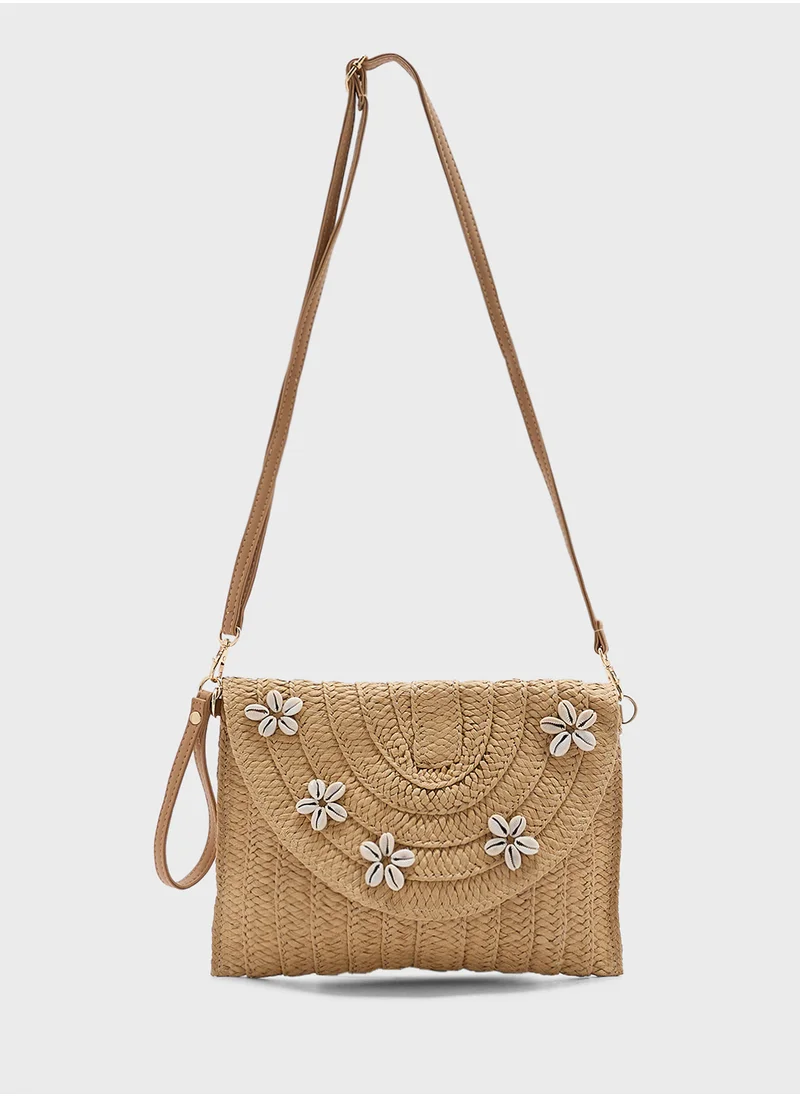 Ginger Shell Detail Raffia Clutch Bag