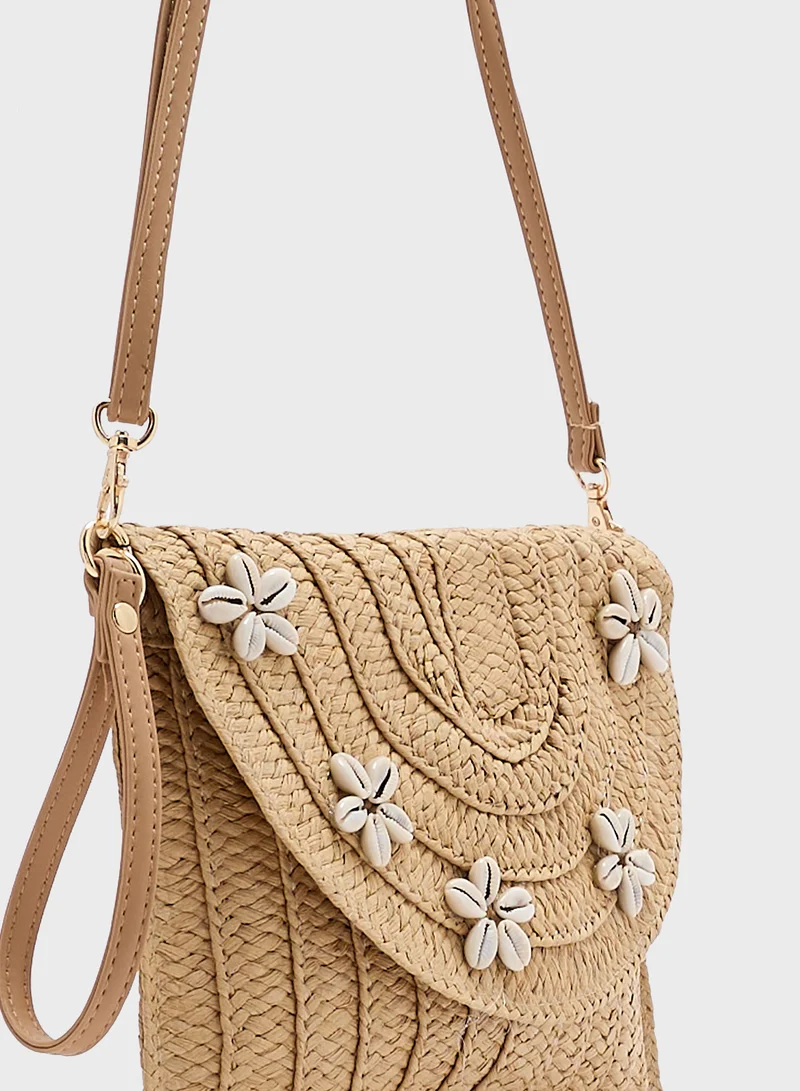 Ginger Shell Detail Raffia Clutch Bag
