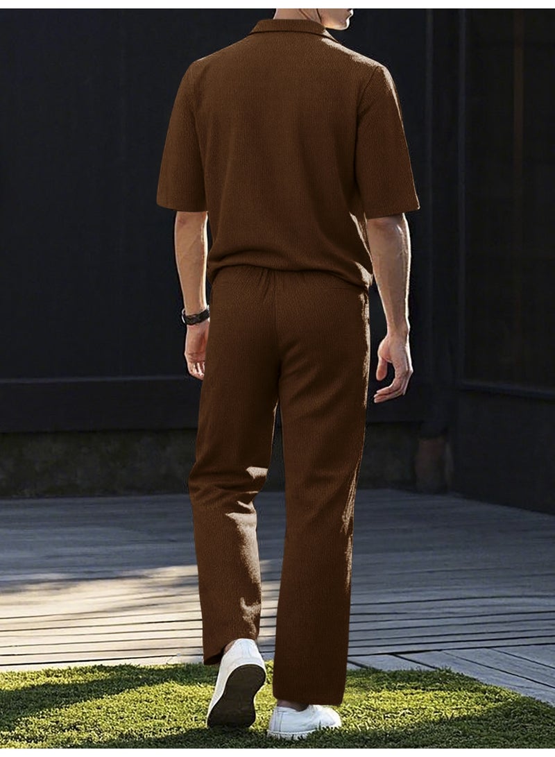 Men's Summer Sportswear Set Casual Pure Color Short Sleeve Long Pants Two-Piece Suit Lightweight Comfortable - Image 3