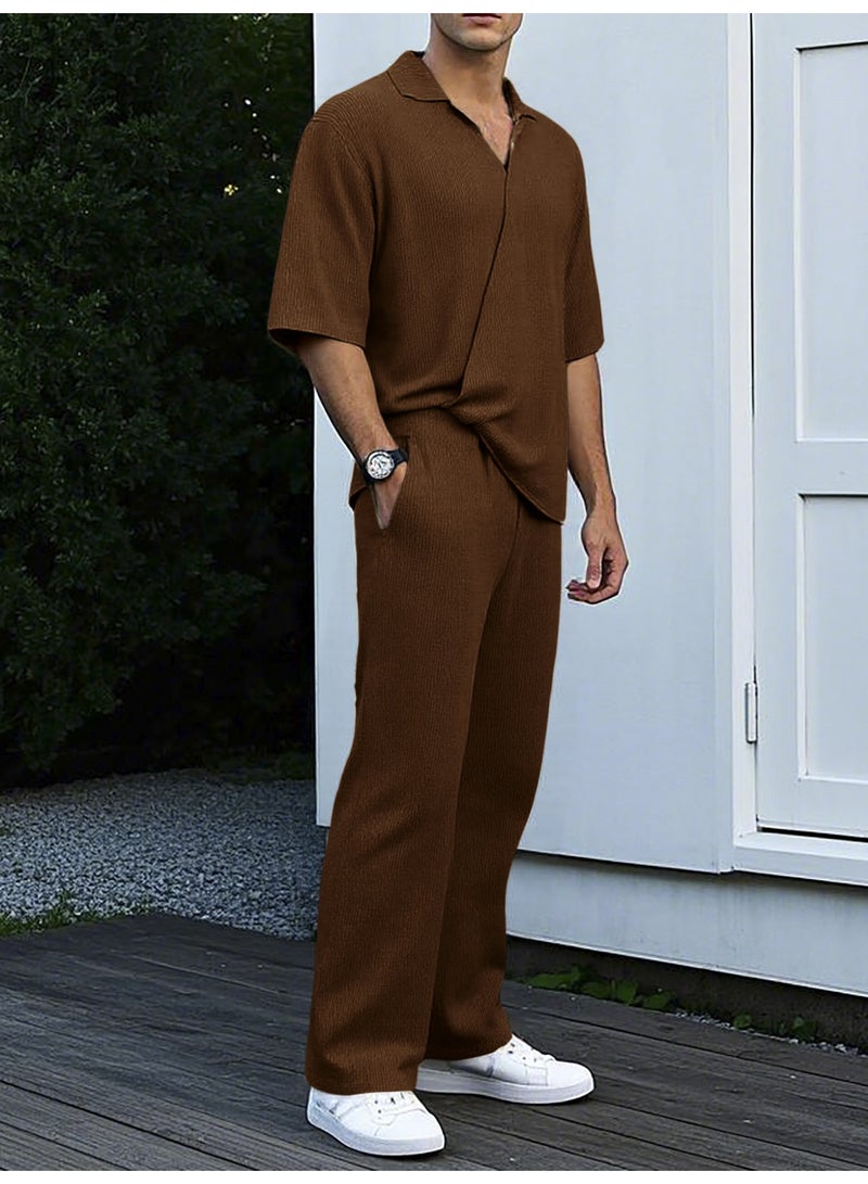 Men's Summer Sportswear Set Casual Pure Color Short Sleeve Long Pants Two-Piece Suit Lightweight Comfortable - Image 2