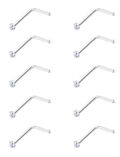 Sllaiss 10Pcs 22G Sterling Silver Small L Shape Nose Ring Studs for Women Mens Czech Crystal Curved Nose Piercings Set Body Jewelry Hypoallergenic 1.5mm - Image 1