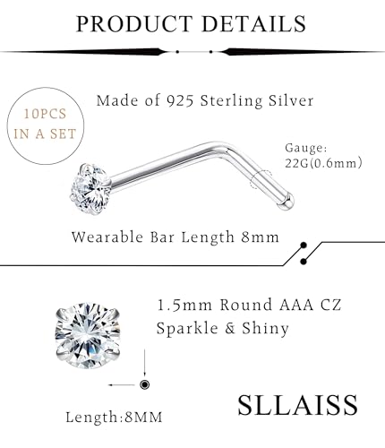 Sllaiss 10Pcs 22G Sterling Silver Small L Shape Nose Ring Studs for Women Mens Czech Crystal Curved Nose Piercings Set Body Jewelry Hypoallergenic 1.5mm - Image 4