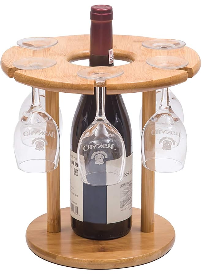 S-TOP Wine Glass Holder Bamboo Wine Bottle Holder Handmade Countertop Wine Rack with 6 Glass Rack & 1 Bottle Holder - Image 1