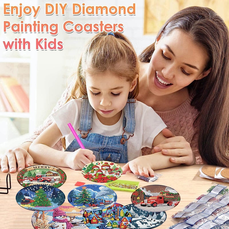 ijbnhd 8 PCS Christmas Diamond Art Coasters Kit, Diamond Painting Coasters with Holder, Non Slip Coaster Art Supplies for Adults, Christmas Gift 4X4inch (Cork Wooden Pad) - Image 5