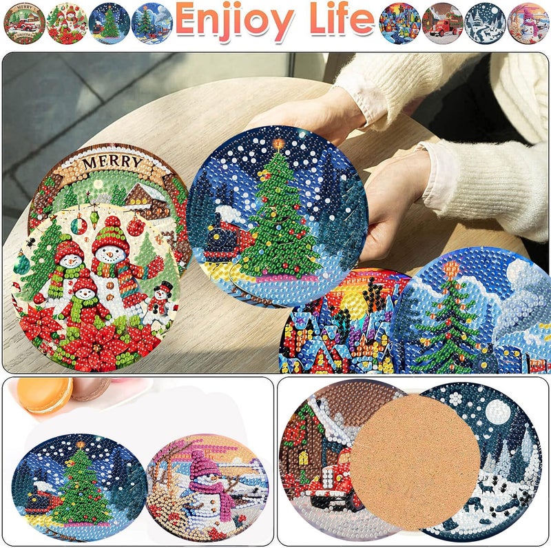 ijbnhd 8 PCS Christmas Diamond Art Coasters Kit, Diamond Painting Coasters with Holder, Non Slip Coaster Art Supplies for Adults, Christmas Gift 4X4inch (Cork Wooden Pad) - Image 2