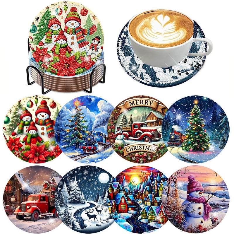 ijbnhd 8 PCS Christmas Diamond Art Coasters Kit, Diamond Painting Coasters with Holder, Non Slip Coaster Art Supplies for Adults, Christmas Gift 4X4inch (Cork Wooden Pad) - Image 1