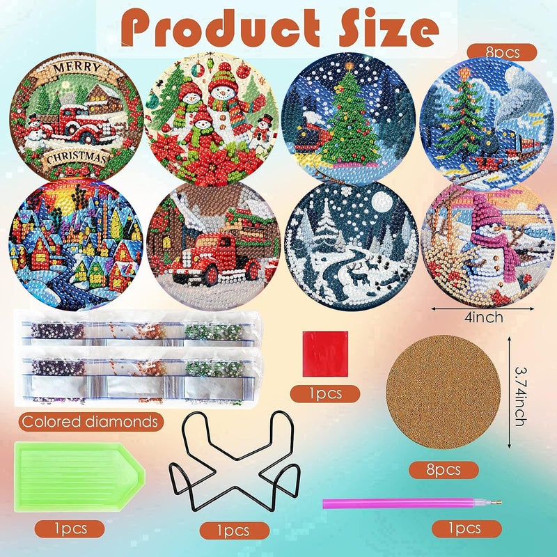 ijbnhd 8 PCS Christmas Diamond Art Coasters Kit, Diamond Painting Coasters with Holder, Non Slip Coaster Art Supplies for Adults, Christmas Gift 4X4inch (Cork Wooden Pad) - Image 3